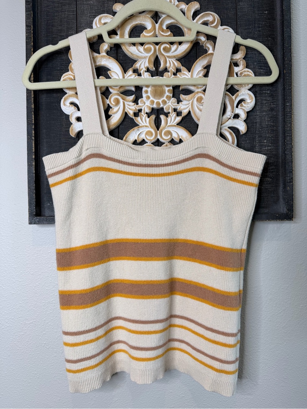 LOFT Cream Knit Tank with Tan and Mustard Stripes Petite M